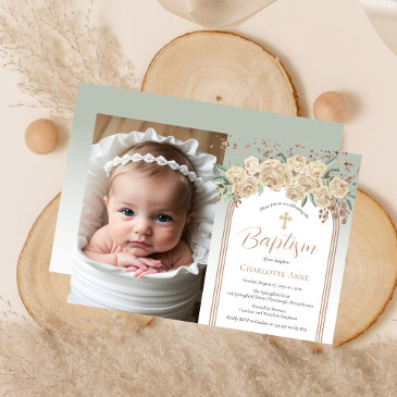 elegant champagne | sage floral photo baptism invitation