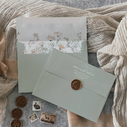 Small Elegant Charm Green Wildflower Wedding Envelopes Front View