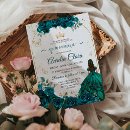 Small Elegant Chic Emerald Green Roses Gold Quinceanera Invitation Front View