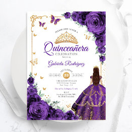 Small Elegant Chic Purple Roses Gold Quinceanera Invitation Front View