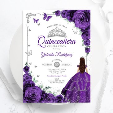 elegant chic purple silver floral quinceanera invitation