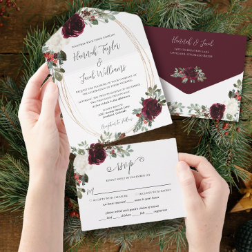 elegant christmas burgundy winter wedding all in one invitation