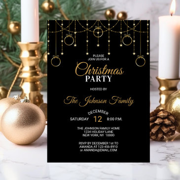 elegant christmas party black gold glitter stars invitation