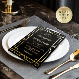 Small Elegant Classic Art Deco Simple Frame Black Gold Foil Invitation Front View