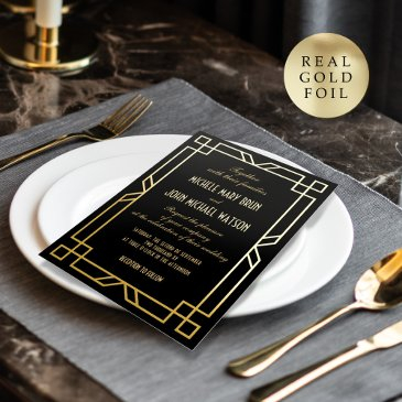 elegant classic art deco simple frame black gold foil invitation