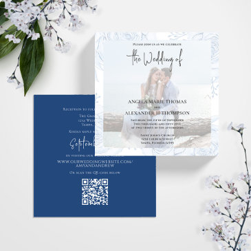 elegant classic calligraphy simple blue rsvp photo invitation