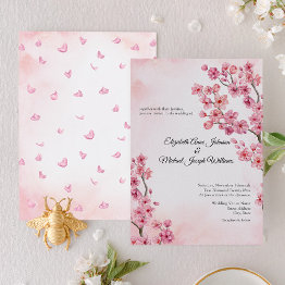 Small Elegant Classic Pink Cherry Blossom Floral Wedding Invitation Front View