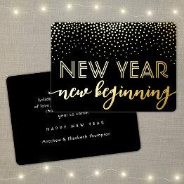 Small Elegant Confetti Black New Year New Beginning Foil Holiday Invitations Front View