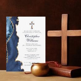 Small Elegant Confirmation Navy Blue Gold Agate Invitation Front View