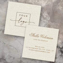 Small Elegant Cream Ivory Linen Look Custom Logo Square Business Invitations Front View