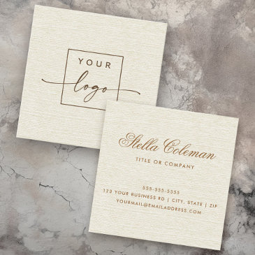 elegant cream ivory linen look custom logo square business invitations