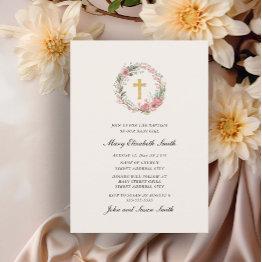 Small Elegant Cross Pink Floral Baby Girl Baptism Invitation Front View