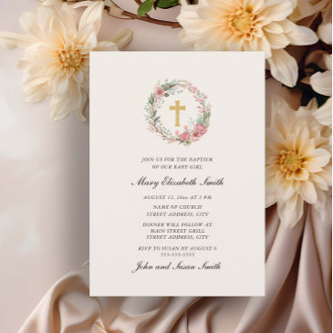 elegant cross pink floral baby girl baptism invitation