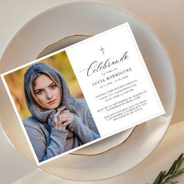 elegant cross spanish funeral memorial photo invitation