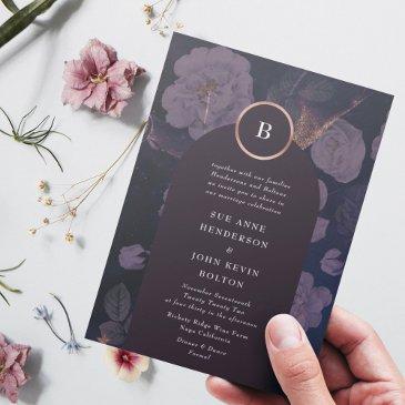 elegant dark boho floral arch rose gold wedding invitation