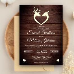 Small Elegant Deer Heart Rustic Wood Wedding Invitation Front View