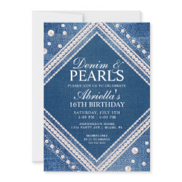 Small Elegant Denim And Pearls Invitation Front View