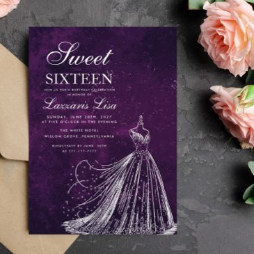 elegant dress purple sweet sixteen 16 birthday invitation