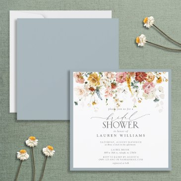 elegant dusty blue country floral bridal shower in invitation