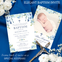 Small Elegant Dusty Blue Floral With Photo Baptism Invitation Front View