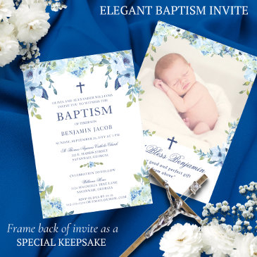 elegant dusty blue floral with photo baptism invitation