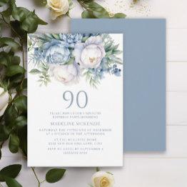 Small Elegant Dusty Blue White Floral 90th Birthday Invitation Front View