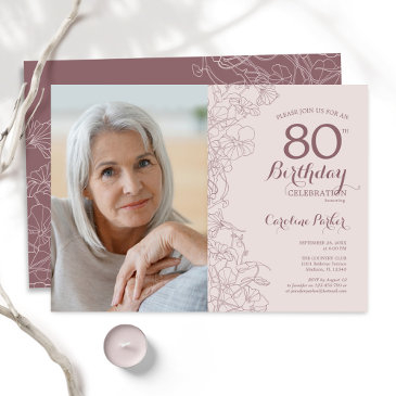 elegant dusty pink floral photo 80th birthday invitation