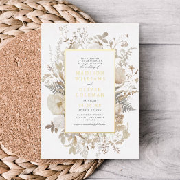 Small Elegant Earthy Floral Frame White Wedding Real Foil Invitation Front View