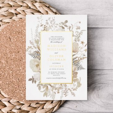 elegant earthy floral frame white wedding real foil invitation