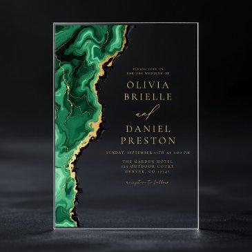 elegant emerald green gold agate wedding acrylic invitations