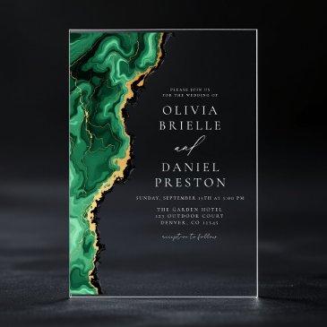 elegant emerald green gold agate wedding acrylic invitations