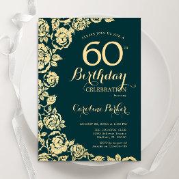 Small Elegant Emerald Green Gold Roses 60th Birthday Invitation Front View