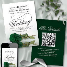 Small Elegant Emerald Green Rose Fancy Qr Code Wedding Invitation Front View