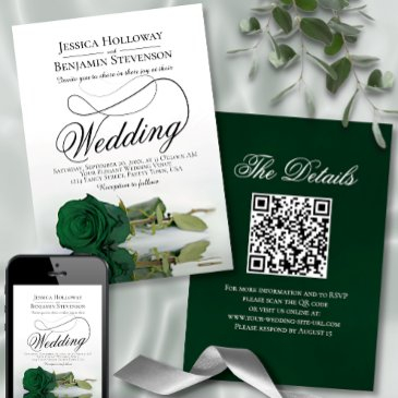 elegant emerald green rose fancy qr code wedding invitation