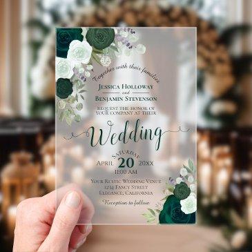 elegant emerald green watercolor roses wedding acrylic invitations