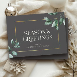 Small Elegant Eucalyptus Gold Frame Business Logo Holiday Invitations Front View