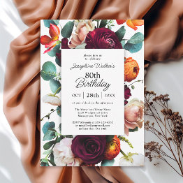 Small Elegant Fall Floral 80th Birthday Party Invitation Front View