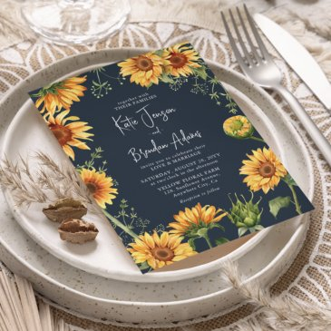 elegant fall sunflower floral & navy wedding invitation
