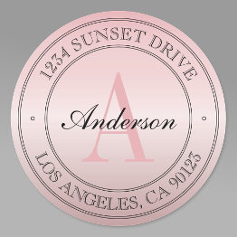 Small Elegant Faux Rose Gold Ombre Pink Monogram Address Classic Round Sticker Front View