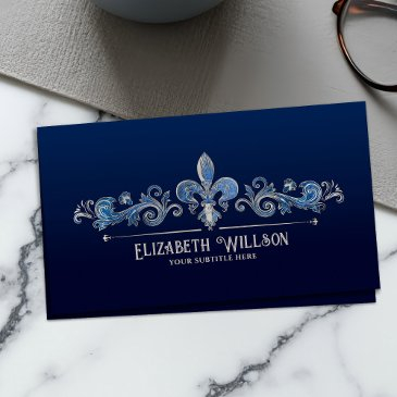 elegant fleur-de-lis pearl and blue marble business invitations