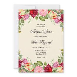 Small Elegant Floral Bat Mitzvah Invitation Front View