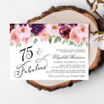 elegant floral burgundy pink 75th birthday party invitation