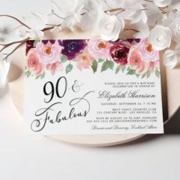 Small Elegant Floral Burgundy Pink 90th Birthday Party Invitation Front View