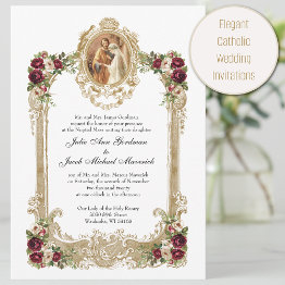 Small Elegant Floral & Gold Catholic Wedding Invitation Front View