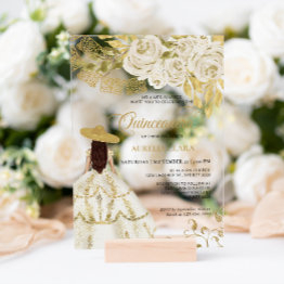 Small Elegant Floral Ivory Gold Charra Quinceañera Acrylic Invitations Front View