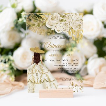 elegant floral ivory gold charra quinceañera acrylic invitations