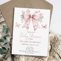 Small Elegant Floral Pink Bow Girl Baby Shower Invitation Front View