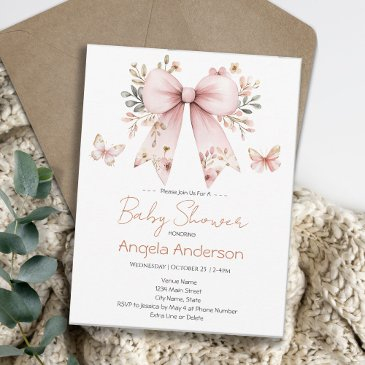 elegant floral pink bow girl baby shower invitation