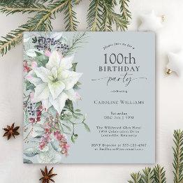 Small Elegant Floral Poinsettia December 100th Birthday Invitation Front View
