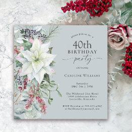Small Elegant Floral Poinsettia December 40th Birthday Invitation Front View